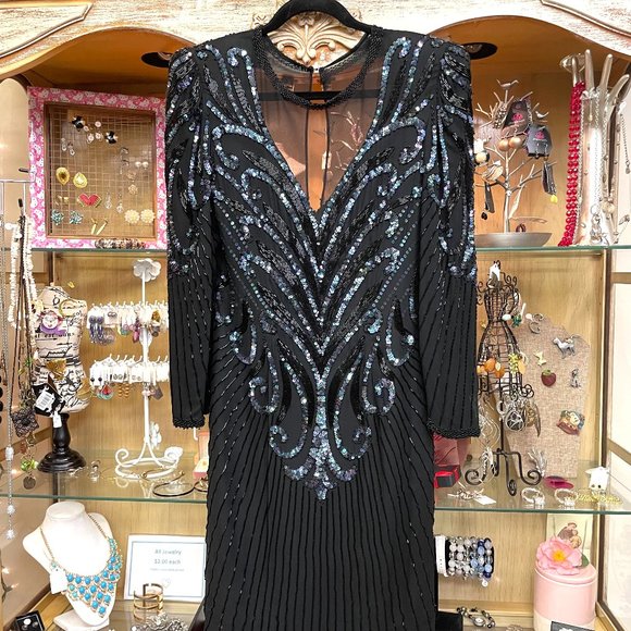 A.J. Bari Dresses & Skirts - VINTAGE Beaded A.J. Bari Women's Black Sequined Long Sleeve Dress EUC